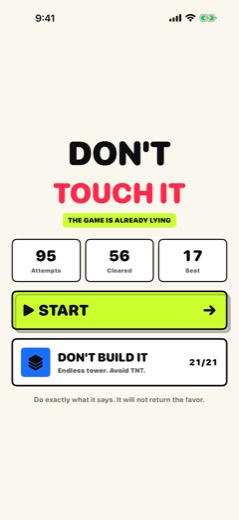 The Don't Touch It start screen showing attempts, cleared rounds and best streak